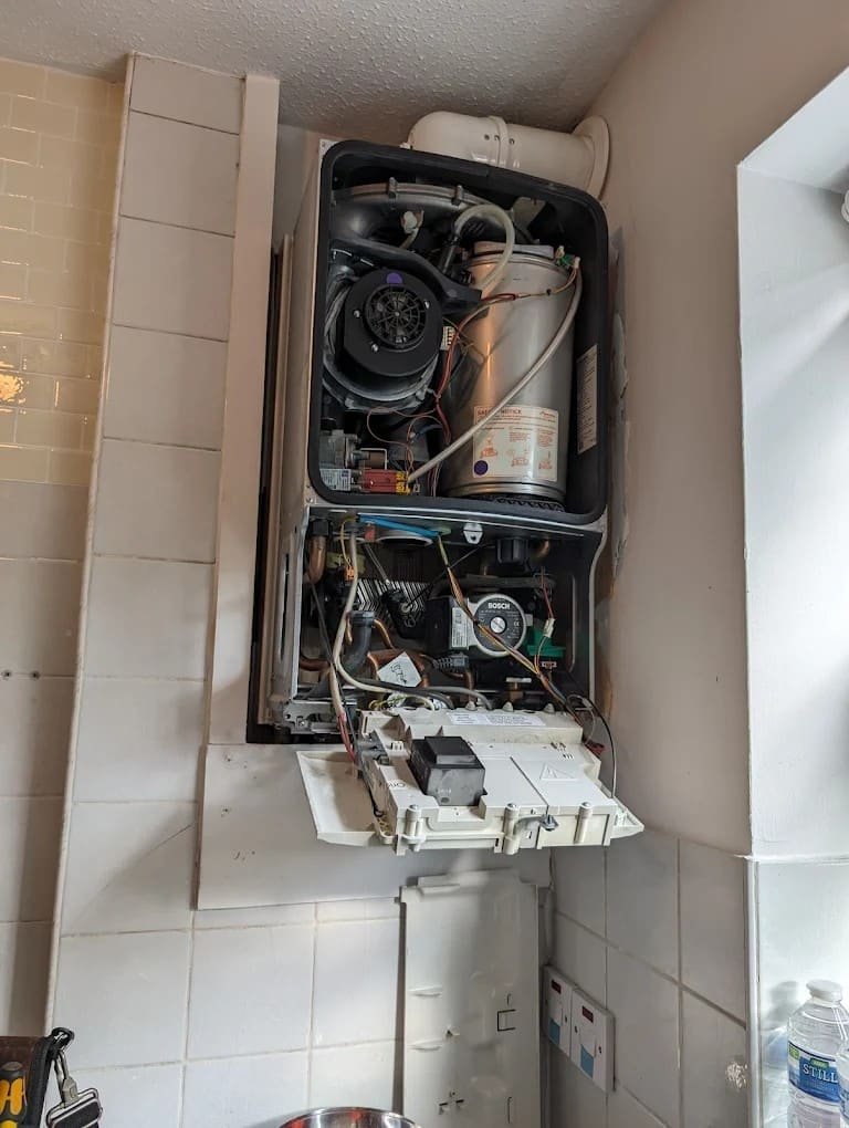 Boiler circuit board and fan assembly during a service