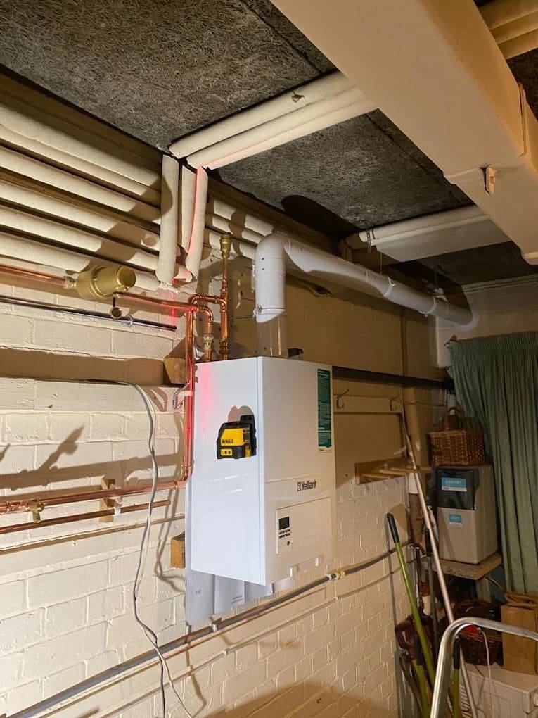 System boiler with neatly installed copper pipework