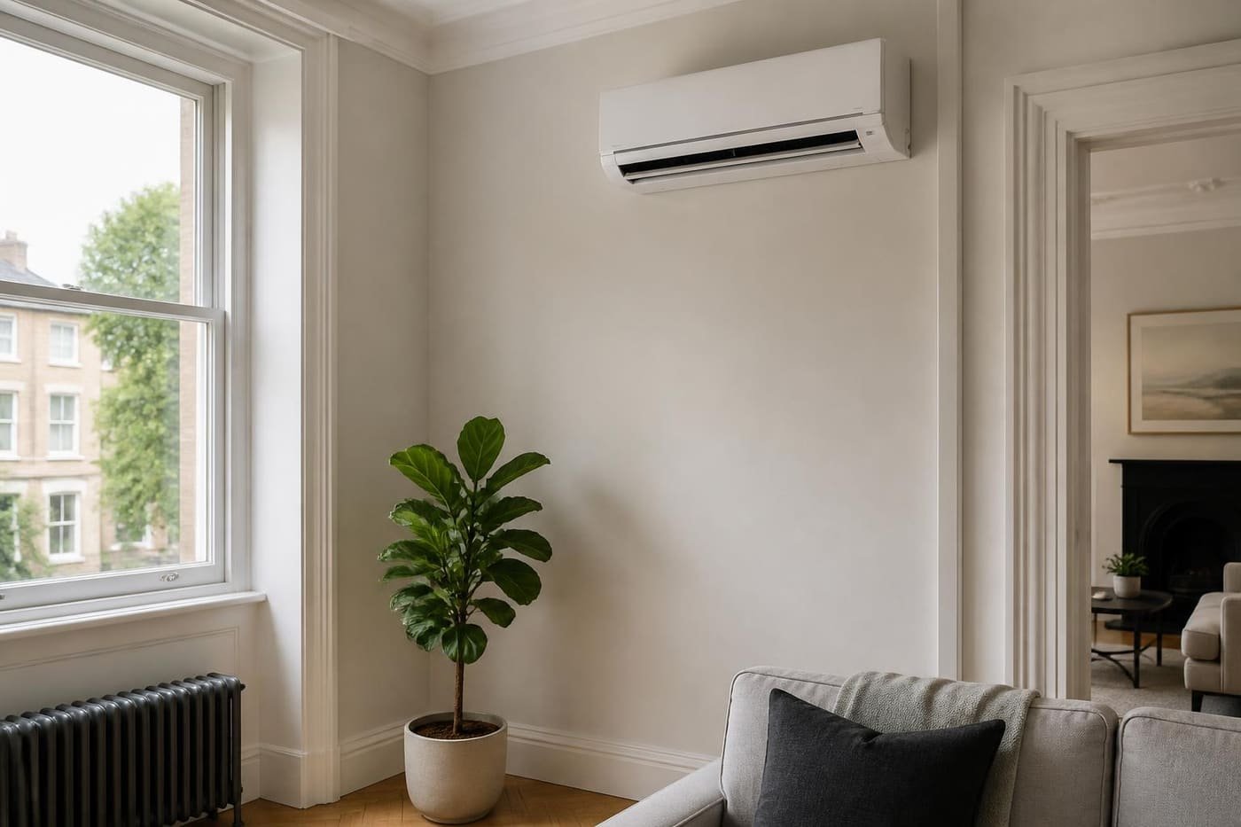 Wall-mounted air conditioning unit installed in a London living room