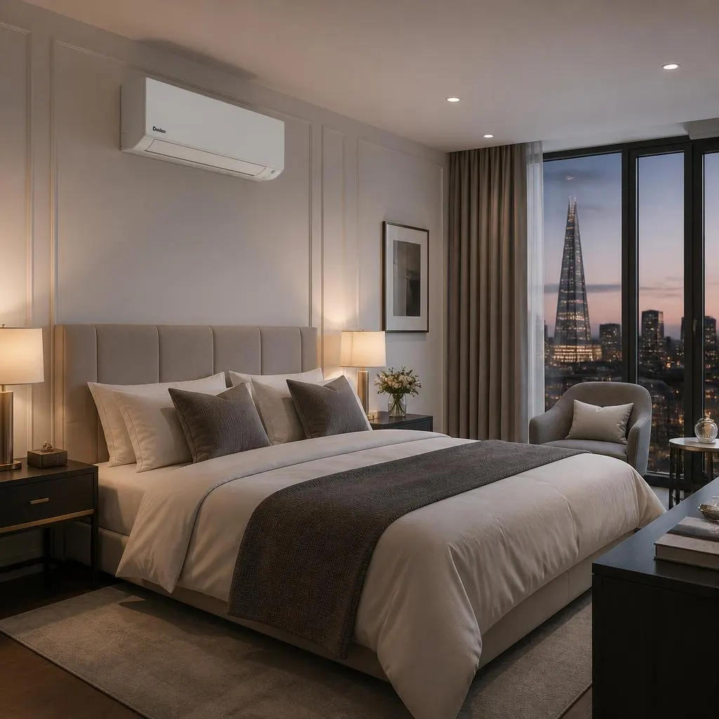 Wall-mounted Daikin air conditioning unit in a modern London bedroom