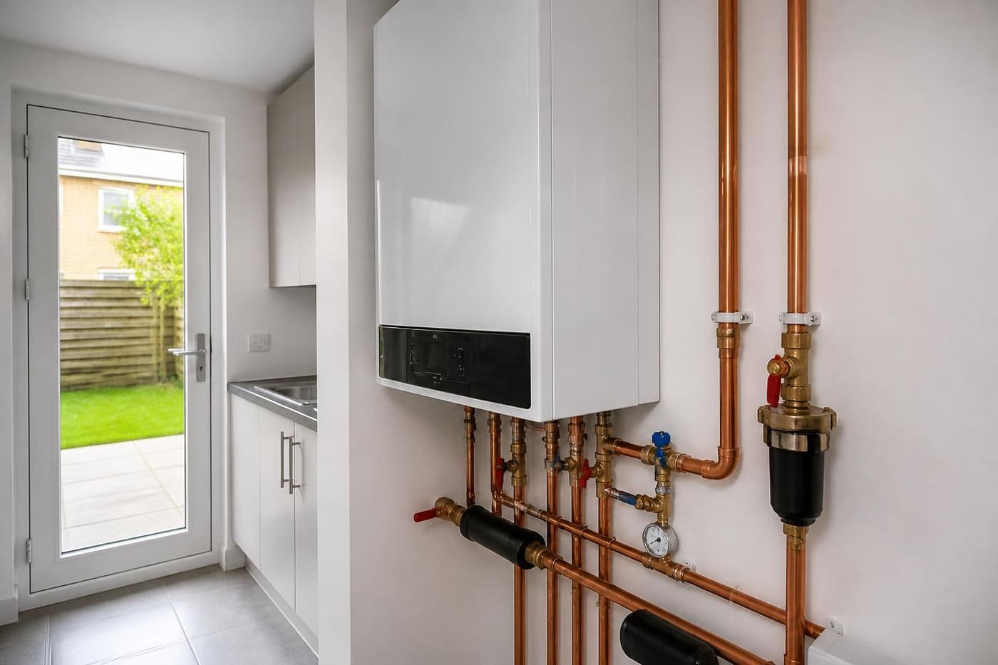 Modern wall-mounted combi boiler with copper pipework installed in a London home