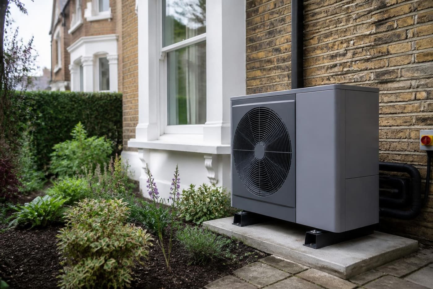 Air source heat pump installed outside a London townhouse