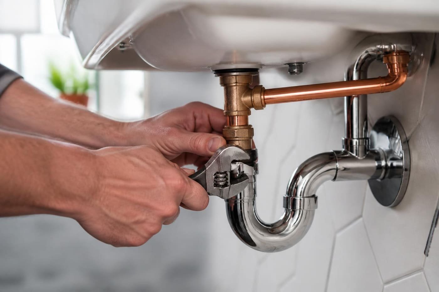Clean copper pipework and chrome trap under a white bathroom sink in a London home